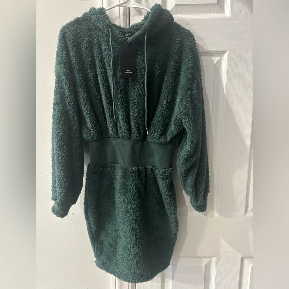 SHEIN Dark Green Plush Hooded Sweatshirt Dress